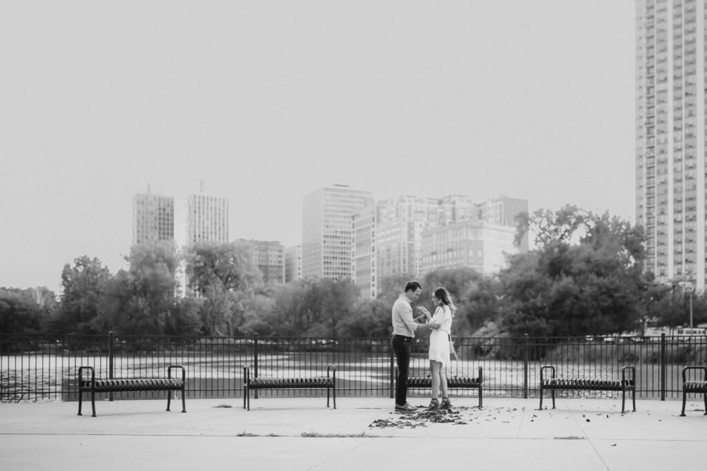 Chicago Lincoln Park proposal at North Pond newly engaged couple